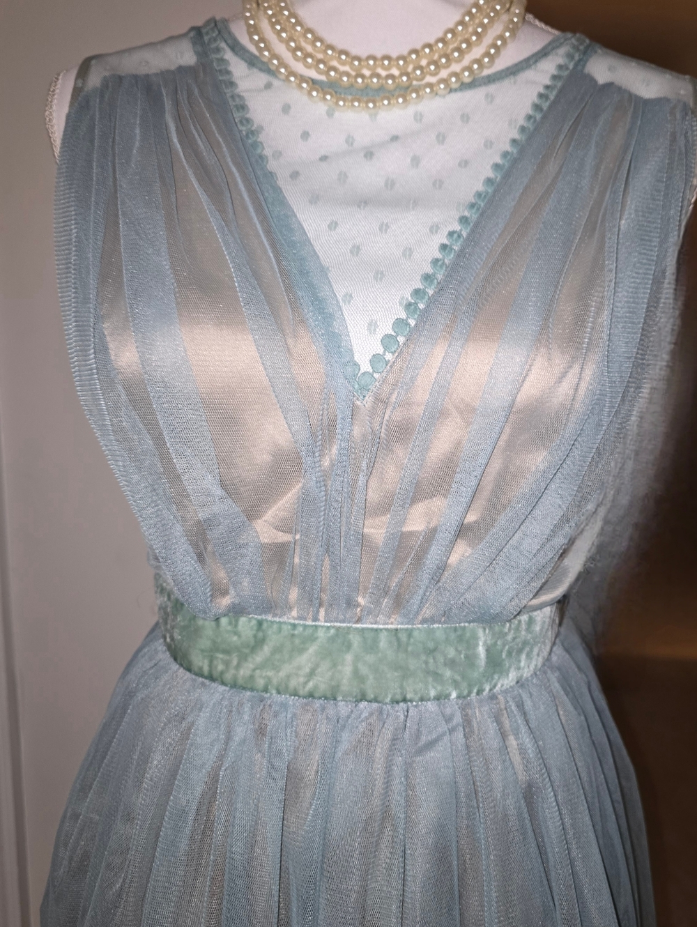 Powder Blue Sheer Tulle Cocktail Dress with Velvet Waistband Tan Underslip Large - Picture 3 of 16